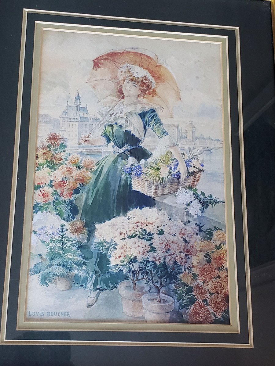Flower Seller Watercolor Louis Boucher Circa 1900-photo-3