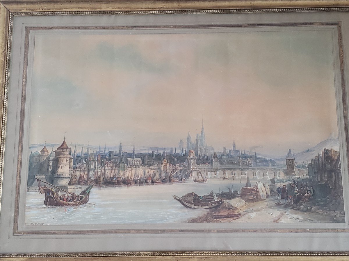 Théodore Henri Mansson  Port De Rouen Normandie Importante Aquarelle 1840-photo-2