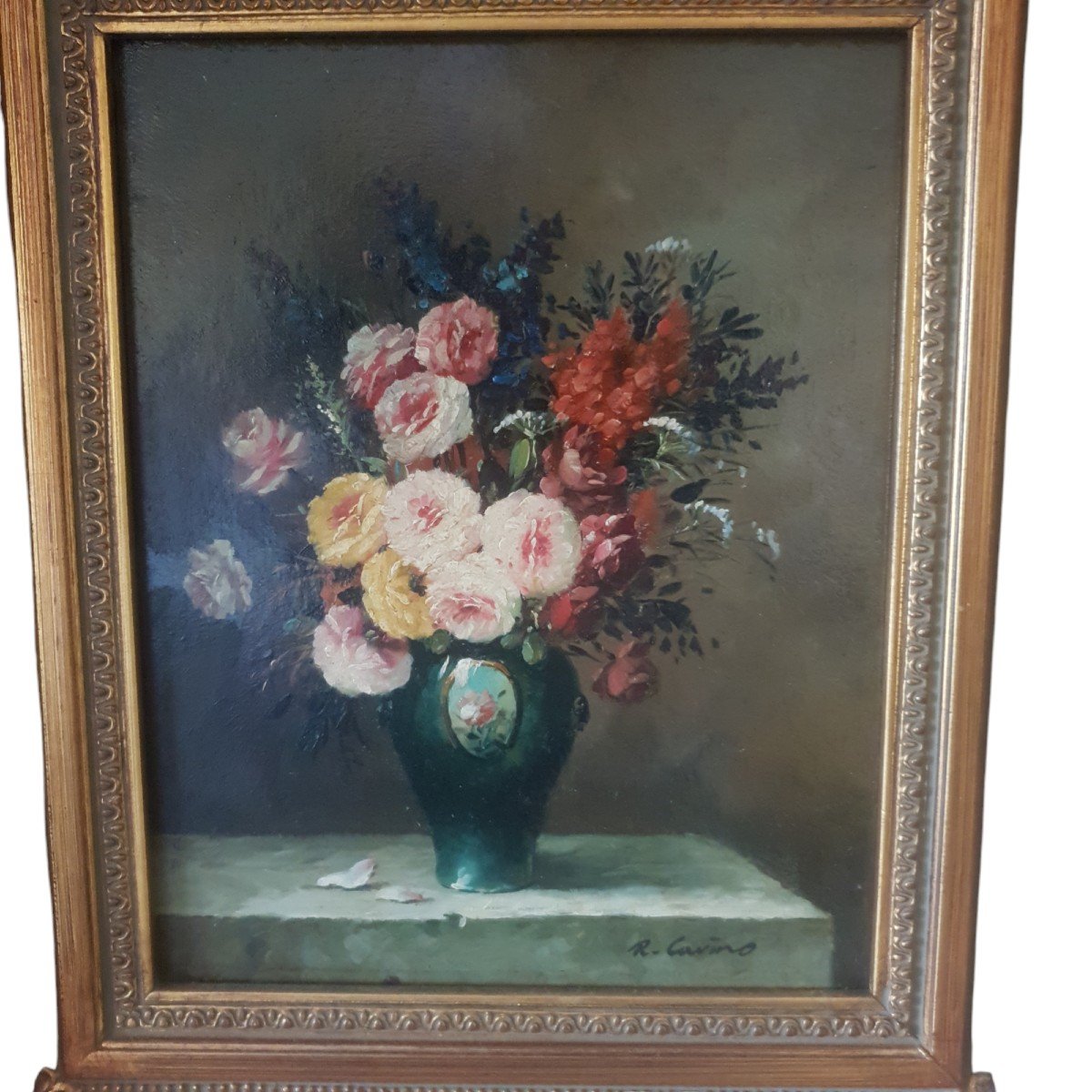 Paire Huile Sur Toile Paysage Et Bouquet De Fleurs-photo-3