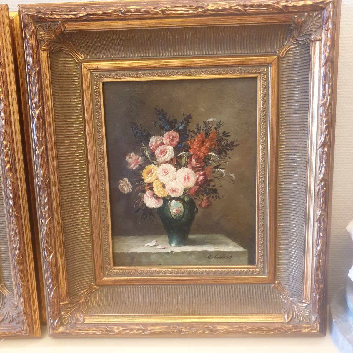 Paire Huile Sur Toile Paysage Et Bouquet De Fleurs-photo-4