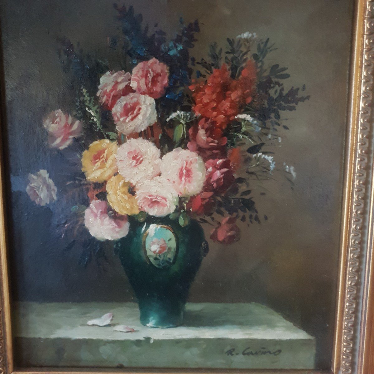 Paire Huile Sur Toile Paysage Et Bouquet De Fleurs-photo-5