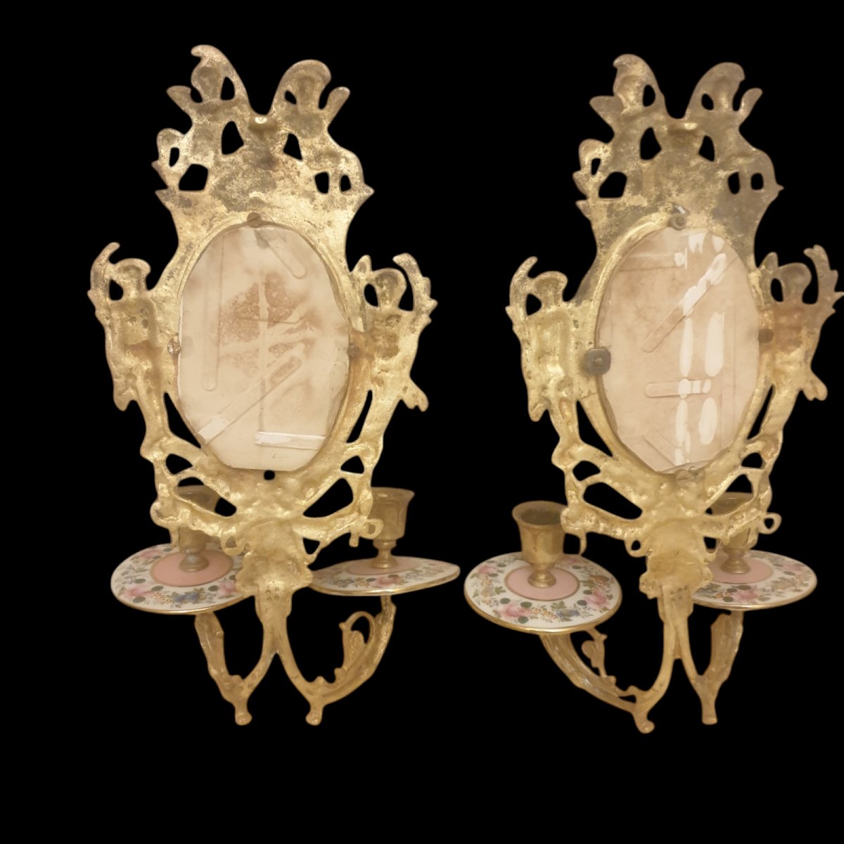 Pair Of Gilt Bronze Wall Lights, Sèvres Porcelain, 19th Century, 1850s, Gilt -photo-6