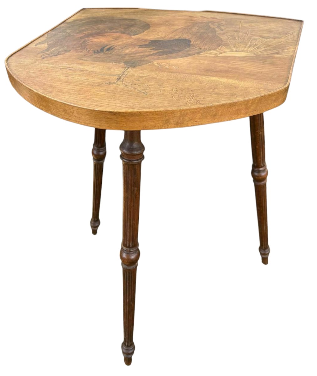 Table Gueridon Emile Gallé Marqueterie Deccor Coq au soleil -photo-2