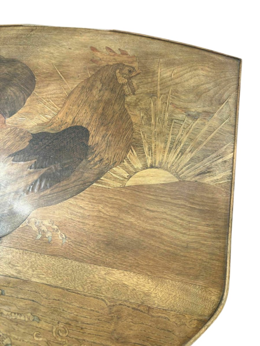 Table Gueridon Emile Gallé Marqueterie Deccor Coq au soleil -photo-4