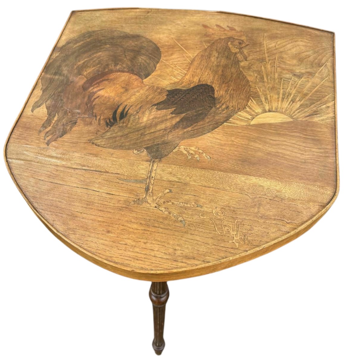 Table Gueridon Emile Gallé Marqueterie Deccor Coq au soleil 