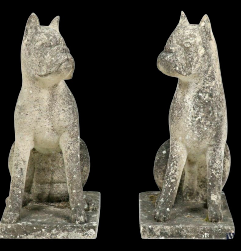 Pair Of Reconstructed Old Stone Bulldog Dogs 