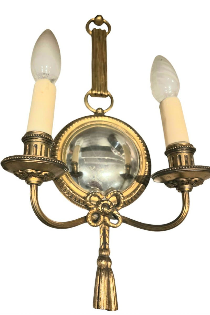 Henri Petitot Pair Of Two-armed Wall Lights In Gilded Bronze With Witch Mirror -photo-2
