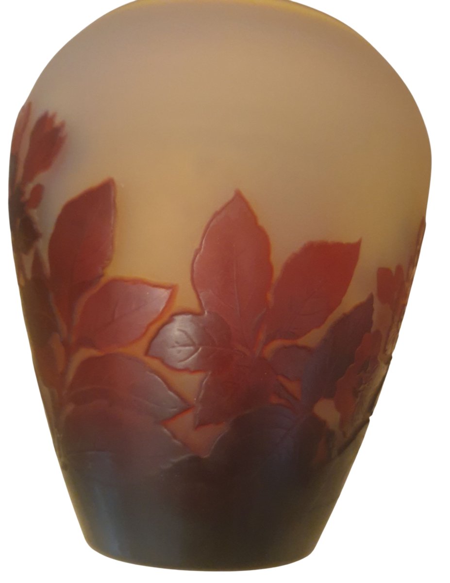 Vase emile gallé rouge sur fond jaune fleurs de bignone-photo-4