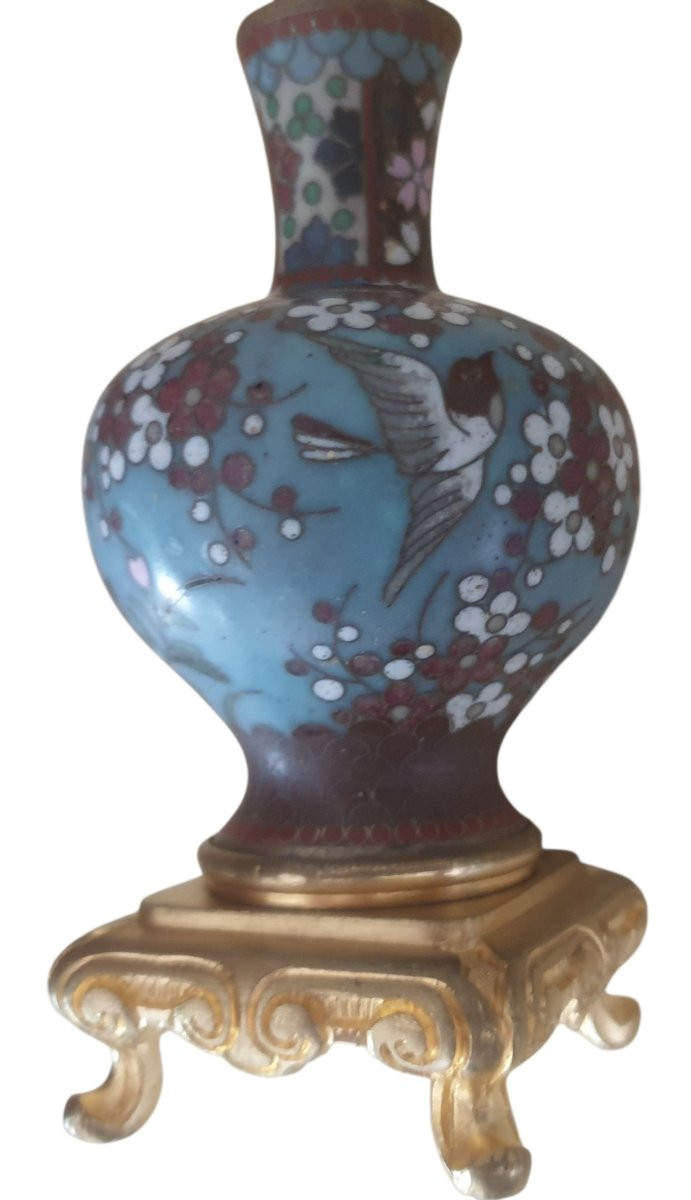Paire de vases bouteilles chinoise en cloisonné sur socles en bronze doré XIXème -photo-3