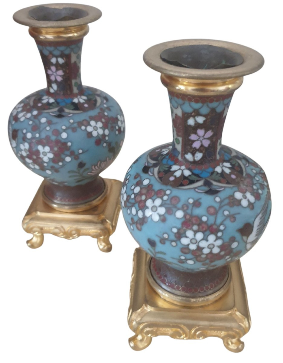 Paire de vases bouteilles chinoise en cloisonné sur socles en bronze doré XIXème 
