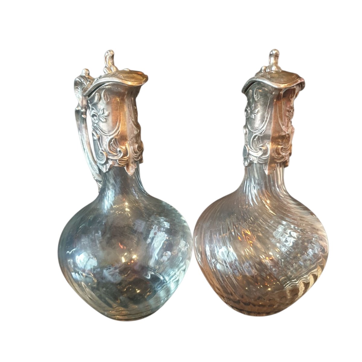 Paire de carafes aiguieres décanteur cristal et métal argenté circa 1900-photo-6