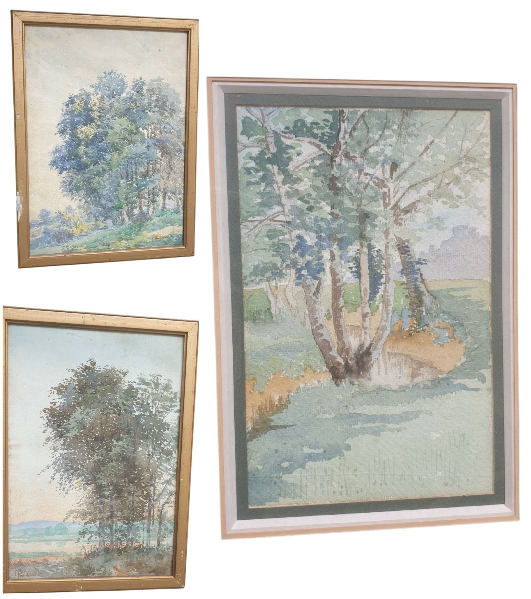 3 Watercolors Under Glass Signed Parmentier, One Of Which Is Unsigned 