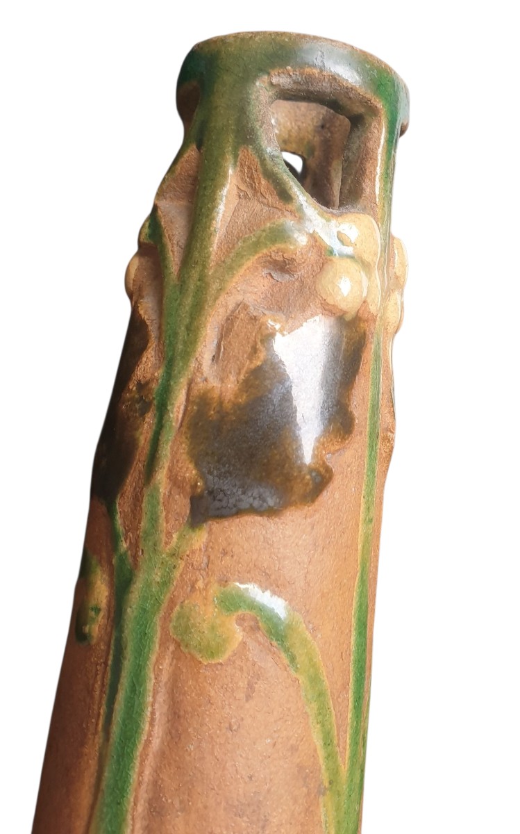 Art Nouveau Period Enamelled Ceramic Vase Signed -photo-4