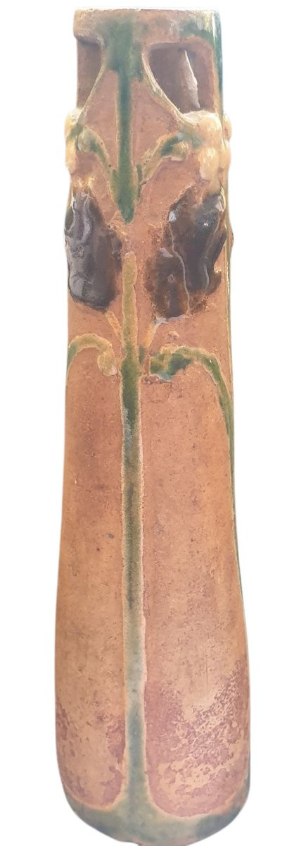 Art Nouveau Period Enamelled Ceramic Vase Signed -photo-3