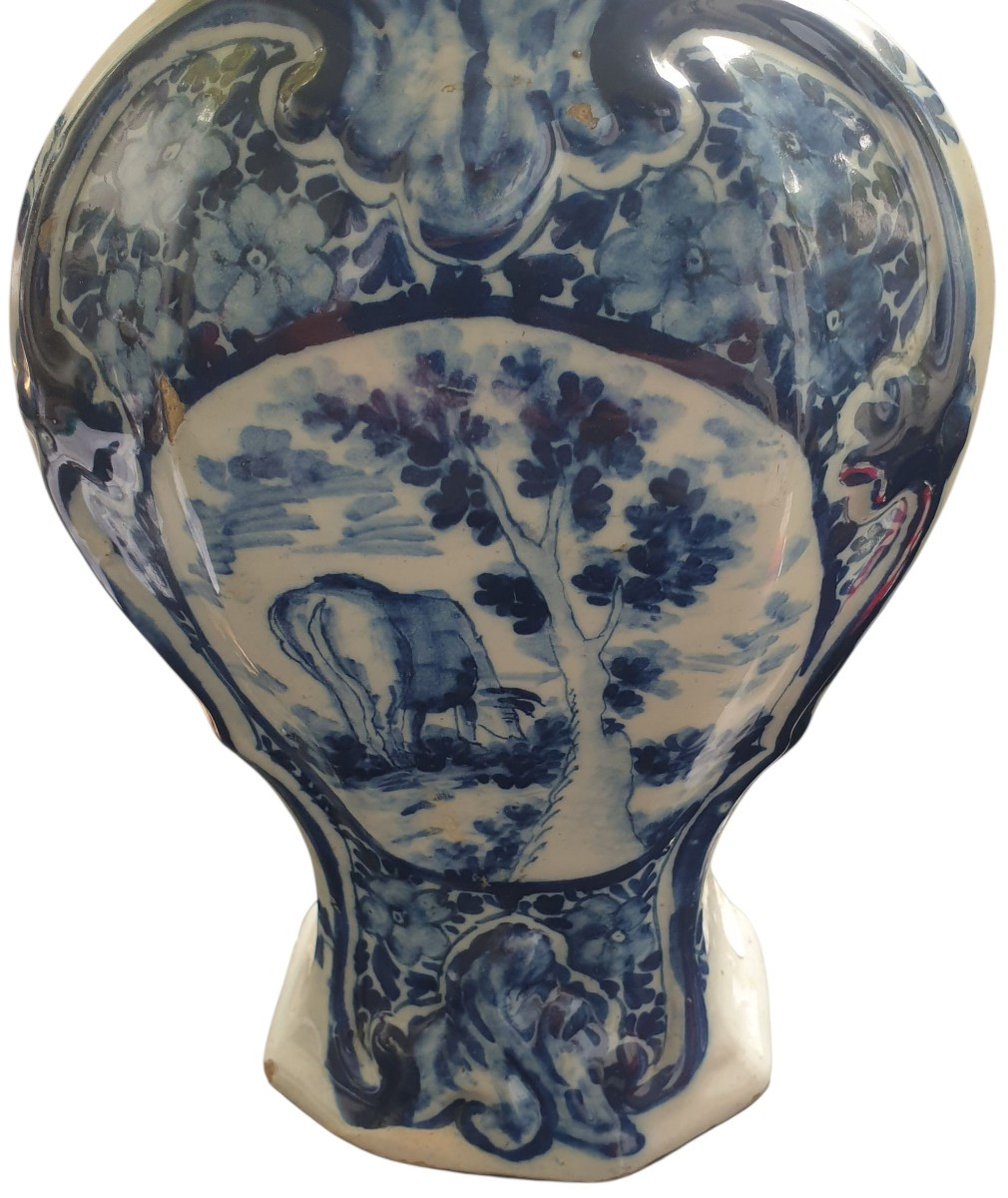 18th Century Blue And White Delft Vase With A Large Cow Decoration-photo-2