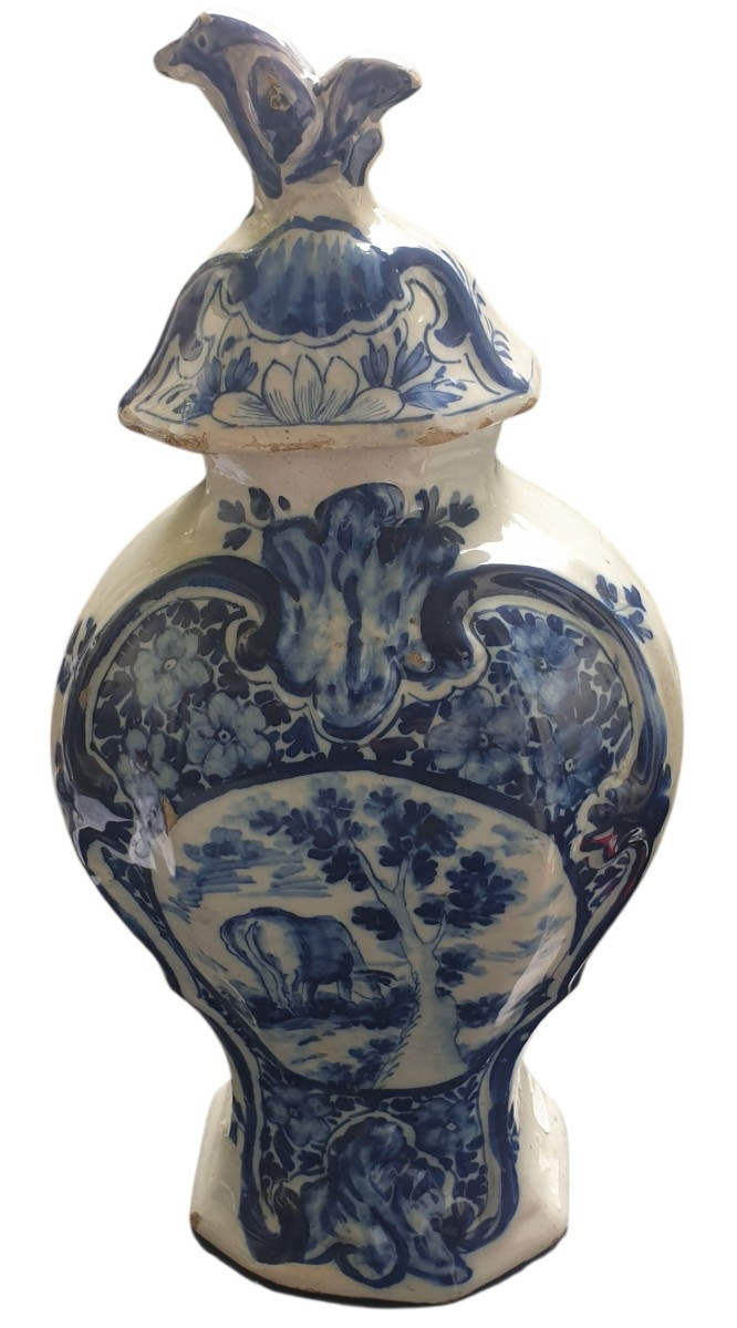18th Century Blue And White Delft Vase With A Large Cow Decoration