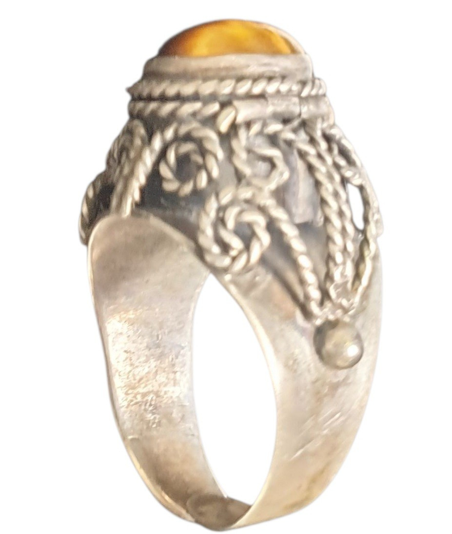 Bague a poison argent massif pierre tete de tigre ancienne -photo-3