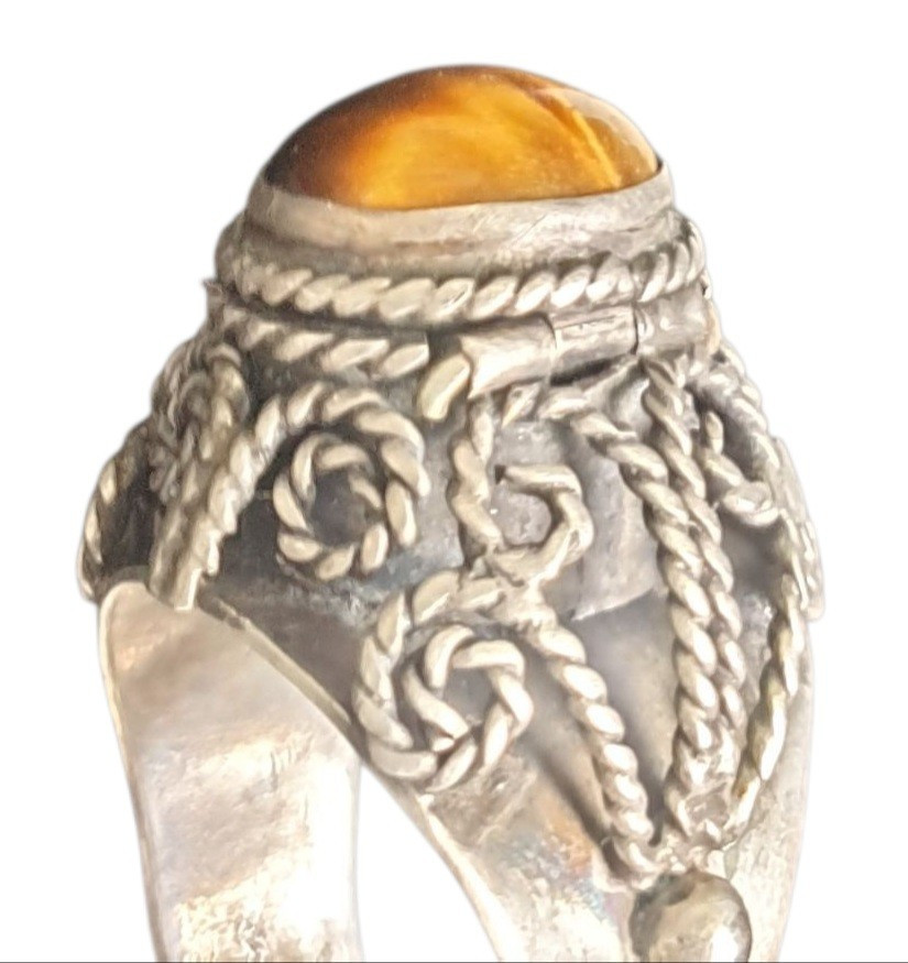 Bague a poison argent massif pierre tete de tigre ancienne -photo-4