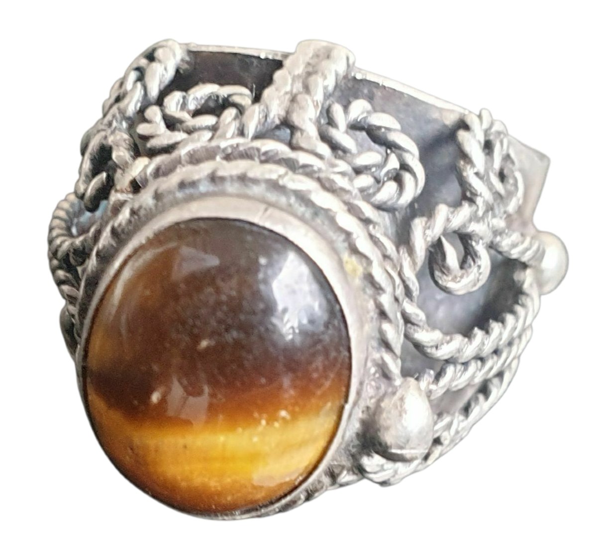 Bague a poison argent massif pierre tete de tigre ancienne -photo-5
