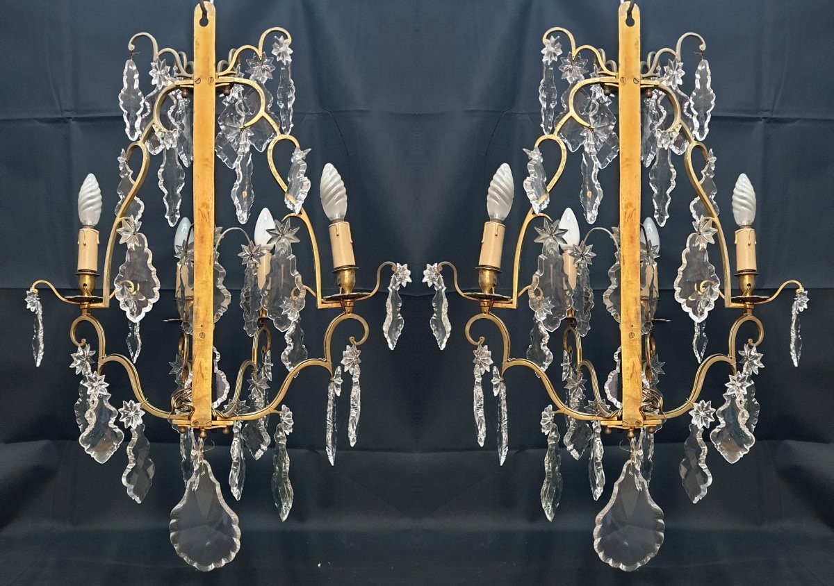 Paire d'appliques Louis XV à quatres bras de lumières bronze et cristal fin 18eme -photo-4