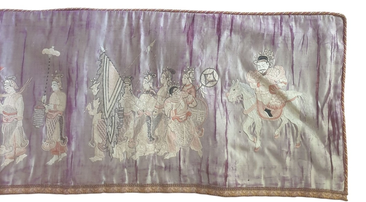 Chinese Altar Cloth Procession Embroidered On Silk Length 2.10 Meters 19th Century -photo-2