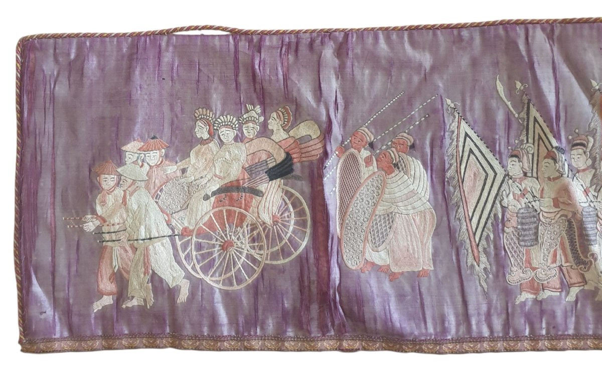 Chinese Altar Cloth Procession Embroidered On Silk Length 2.10 Meters 19th Century -photo-6