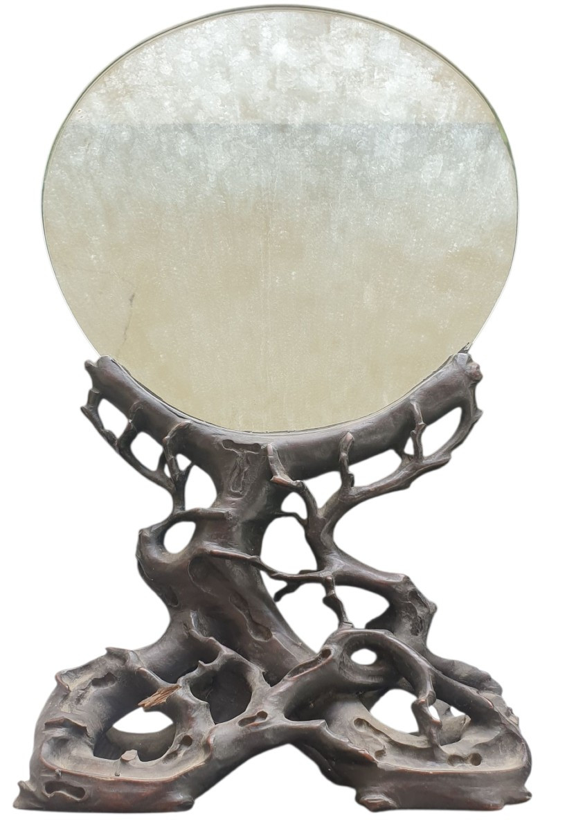 Miroir chine japon piétement bois noirci orné de végétaux XIXeme 