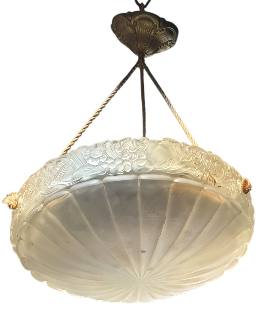 Art Deco Basin Chandelier In The Style Of Lalique Molded Glass 