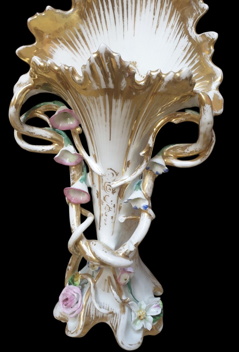Pair Of Paris Porcelain Vases, Gilded And Polychrome, 19th Century, 32 Cm -photo-2