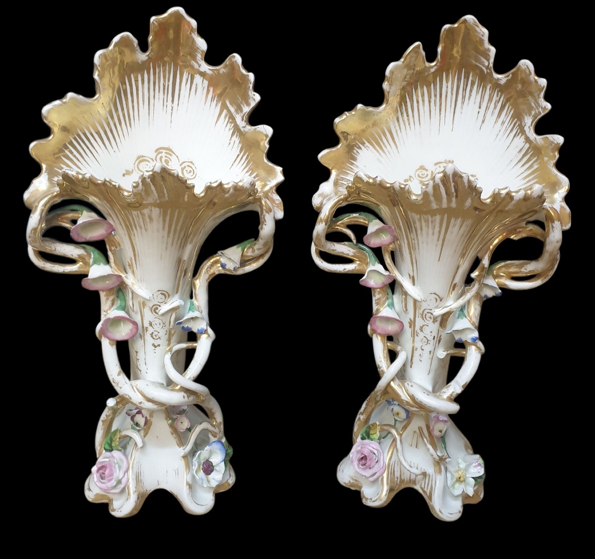 Pair Of Paris Porcelain Vases, Gilded And Polychrome, 19th Century, 32 Cm 
