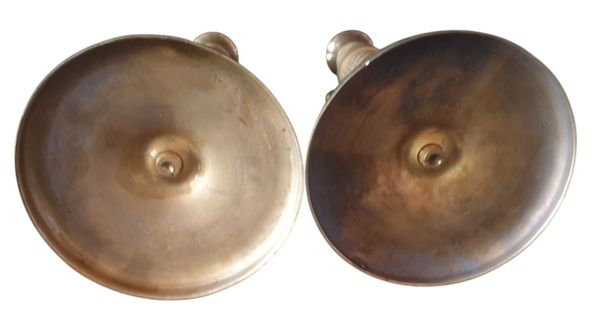 Paire de bougeoirs candélabres bronze d'époque Empire-photo-1