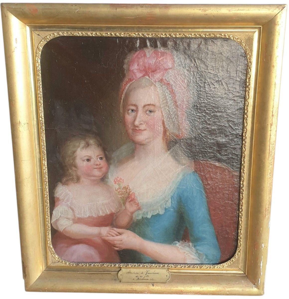 Huile sur toile femme et enfant 18eme  Bordeaux 1787