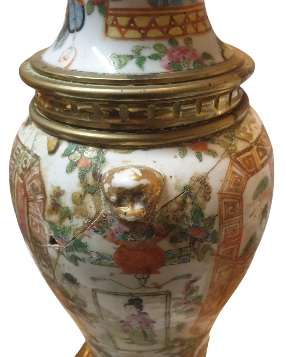 Paire de lampes en porcelaine de Canton et bronze doré a restaurer -photo-3