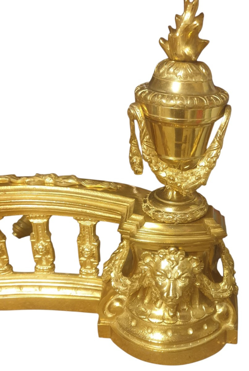 Barre de feu chenets en bronze doré têtes de lion XIXeme -photo-2