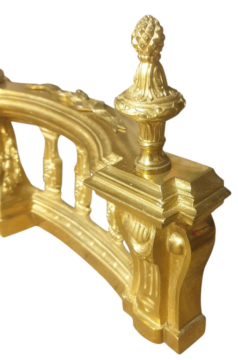 Barre de feu chenets en bronze doré têtes de lion XIXeme -photo-1