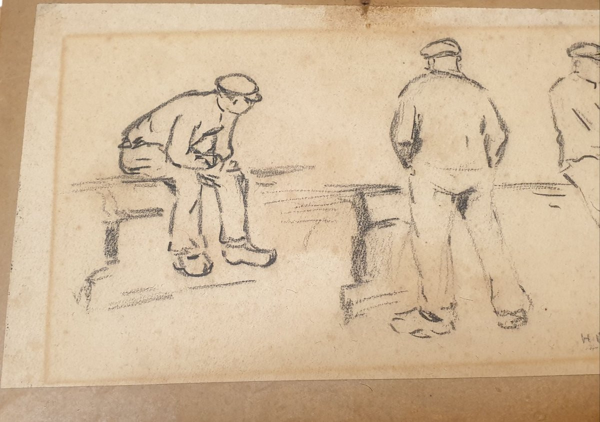 Henri Barnoin dessin 3 marains sur un quai -photo-4