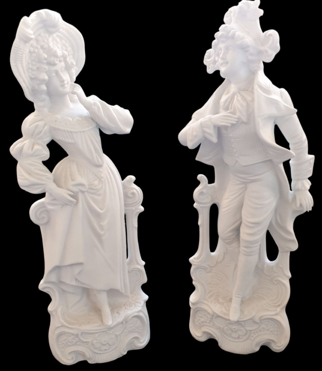 Two Important Biscuit Porcelain Figures: An Elegant Woman And A Gentleman In Period Dress. 