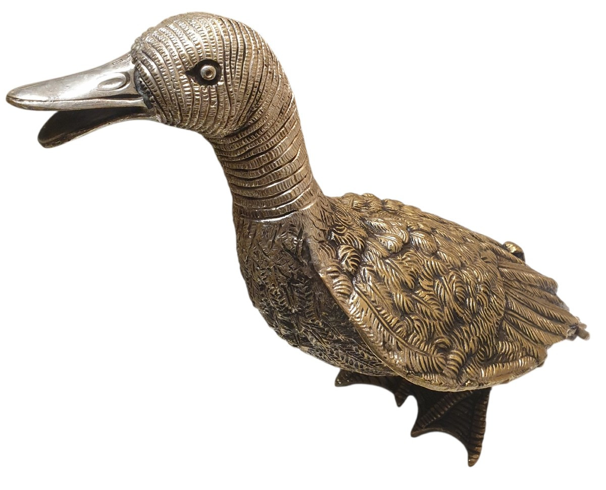 Mauro Manetti Large Silvered Bronze Duck, Signed Circa 1970. Length 35 Cm -photo-2