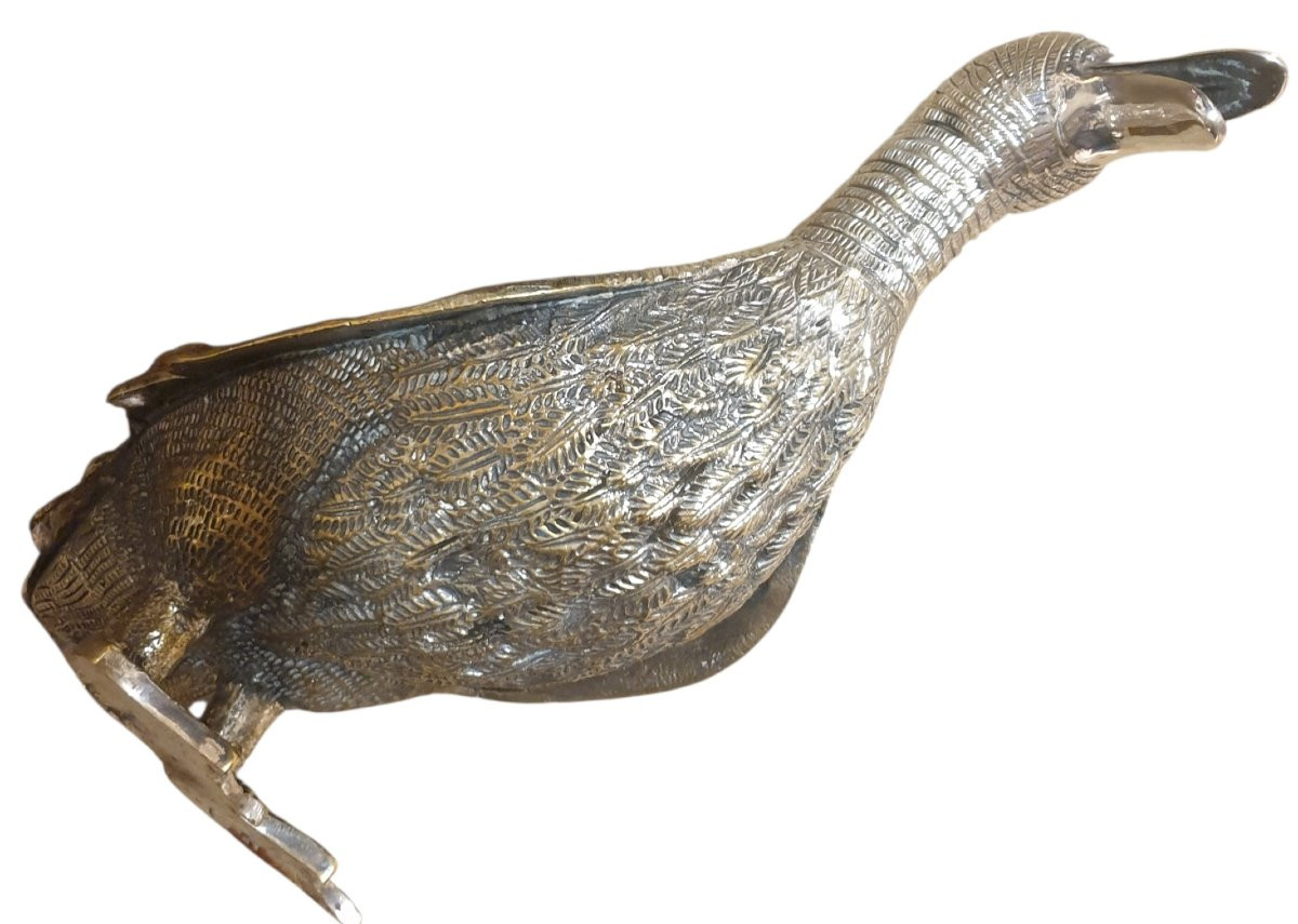 Mauro Manetti Large Silvered Bronze Duck, Signed Circa 1970. Length 35 Cm -photo-1
