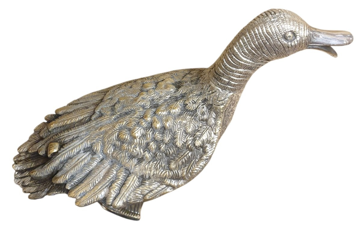Mauro Manetti Large Silvered Bronze Duck, Signed Circa 1970. Length 35 Cm -photo-3