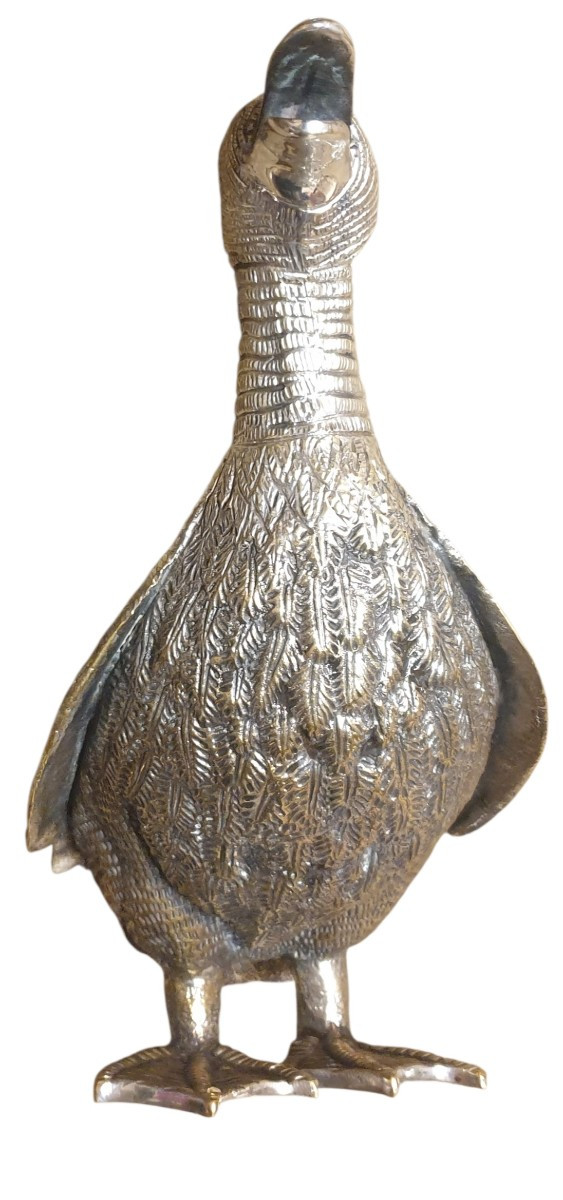 Mauro Manetti Large Silvered Bronze Duck, Signed Circa 1970. Length 35 Cm 