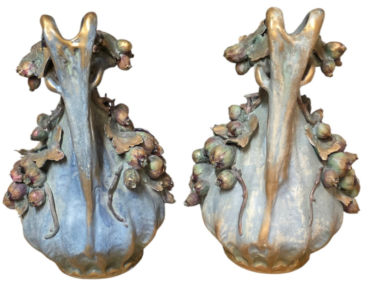 Paul Dachsel amphora paire de céramique vases pichets décors au pavots-photo-3