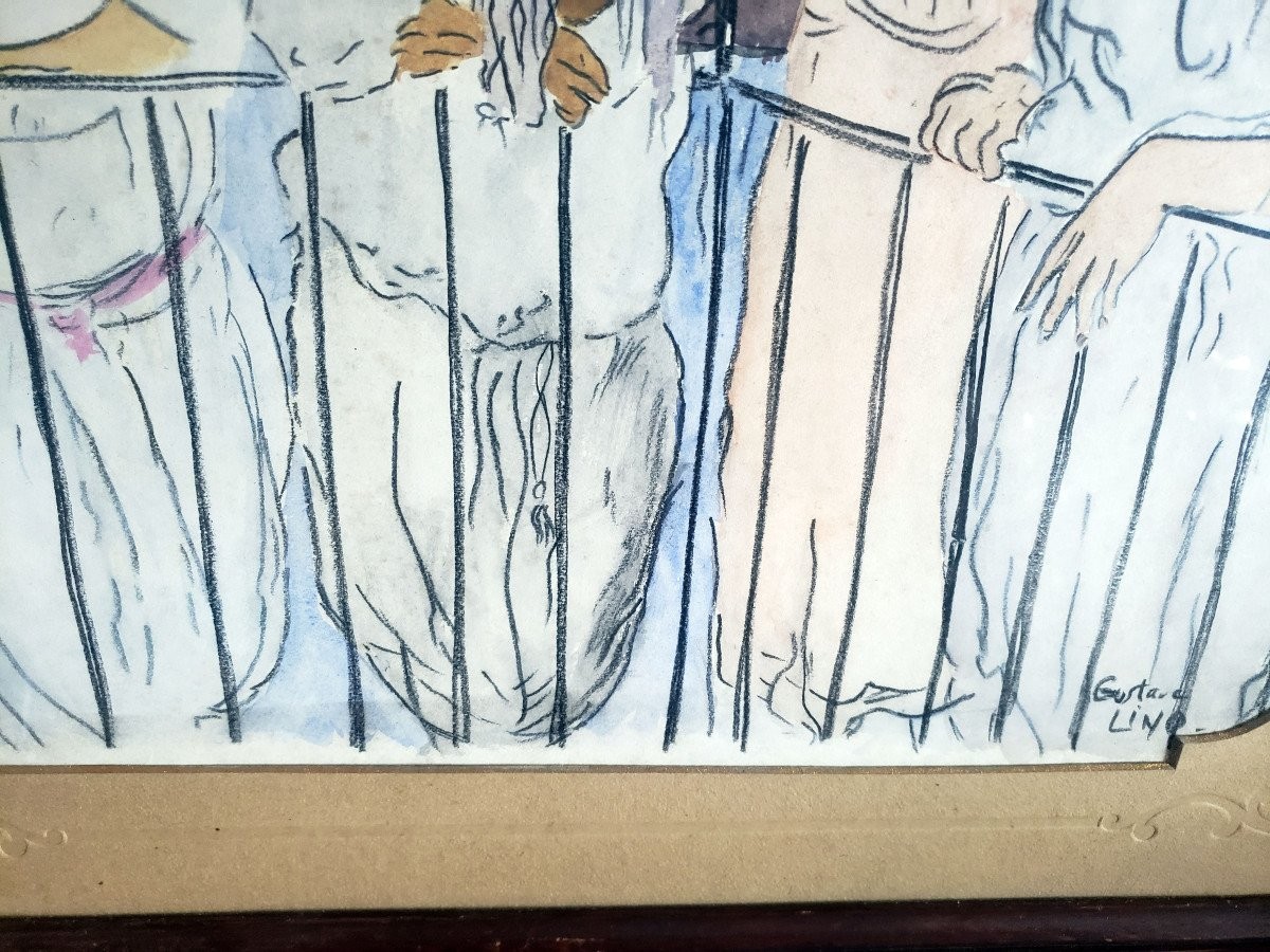 Gustave Lino, Orientalist, Watercolor & Gouache, Prostitute On A Balcony -photo-3