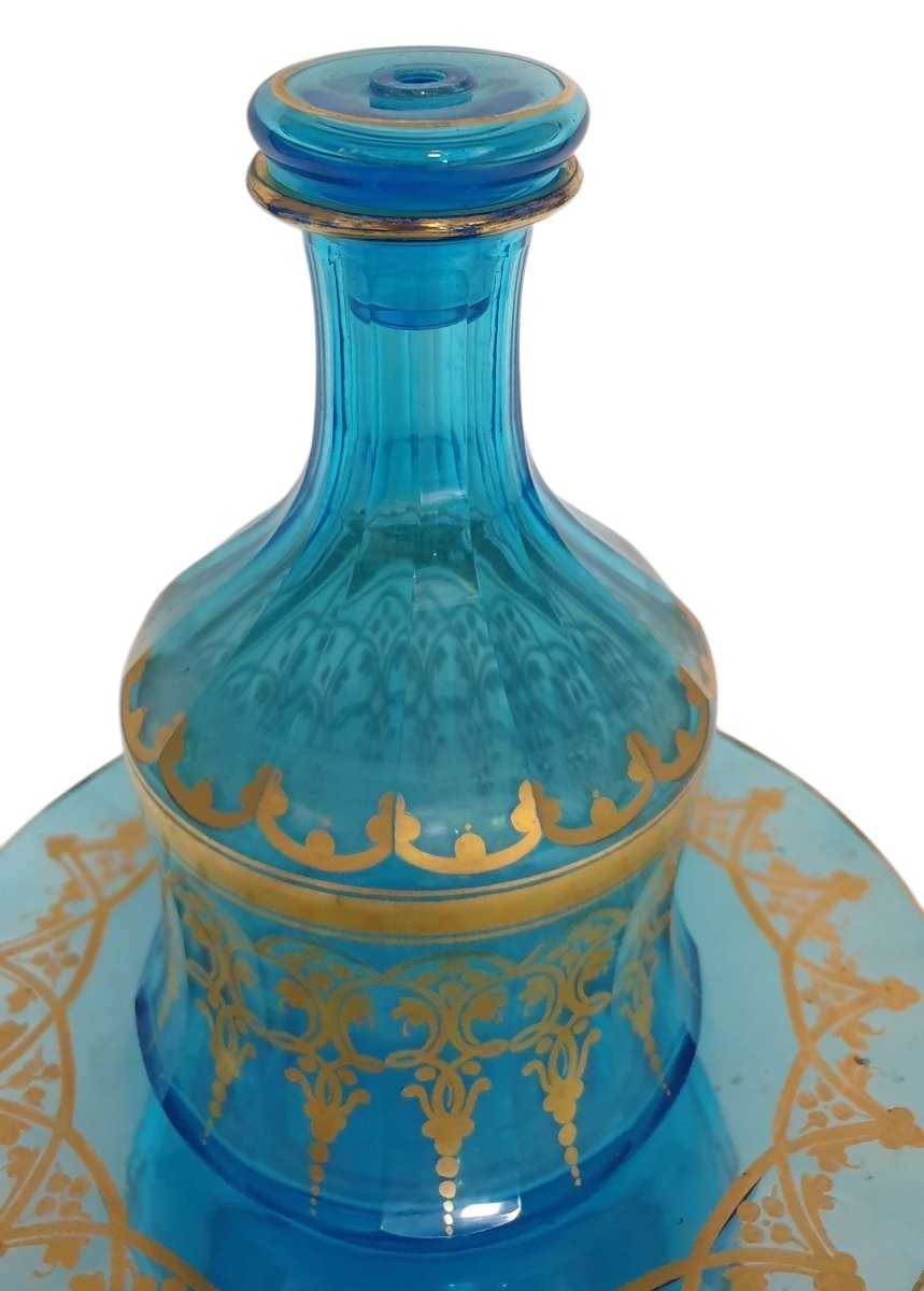 Opaline Charles X Tray And Its Decanter In Blue Baccarat Crystal With Gold Trim-photo-4