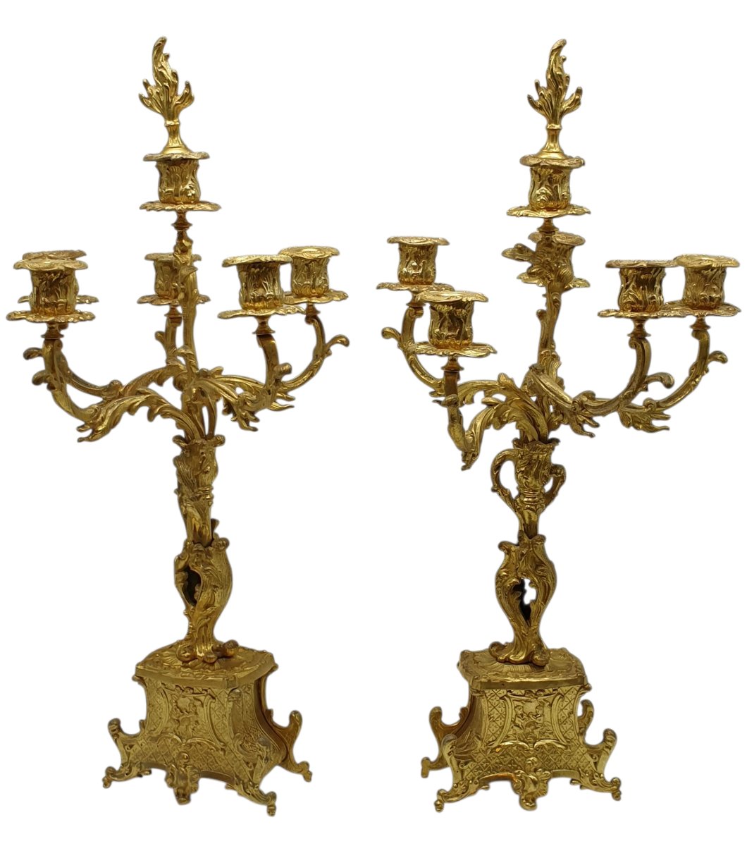 Garniture de cheminée louis xv en bronze doré pendule & candélabres XIXème -photo-6