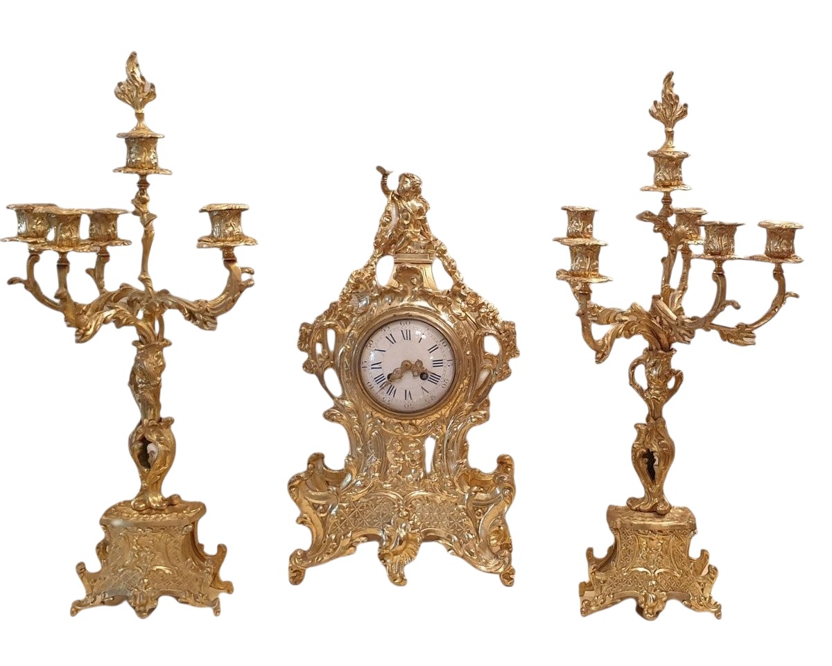 Garniture de cheminée louis xv en bronze doré pendule & candélabres XIXème 