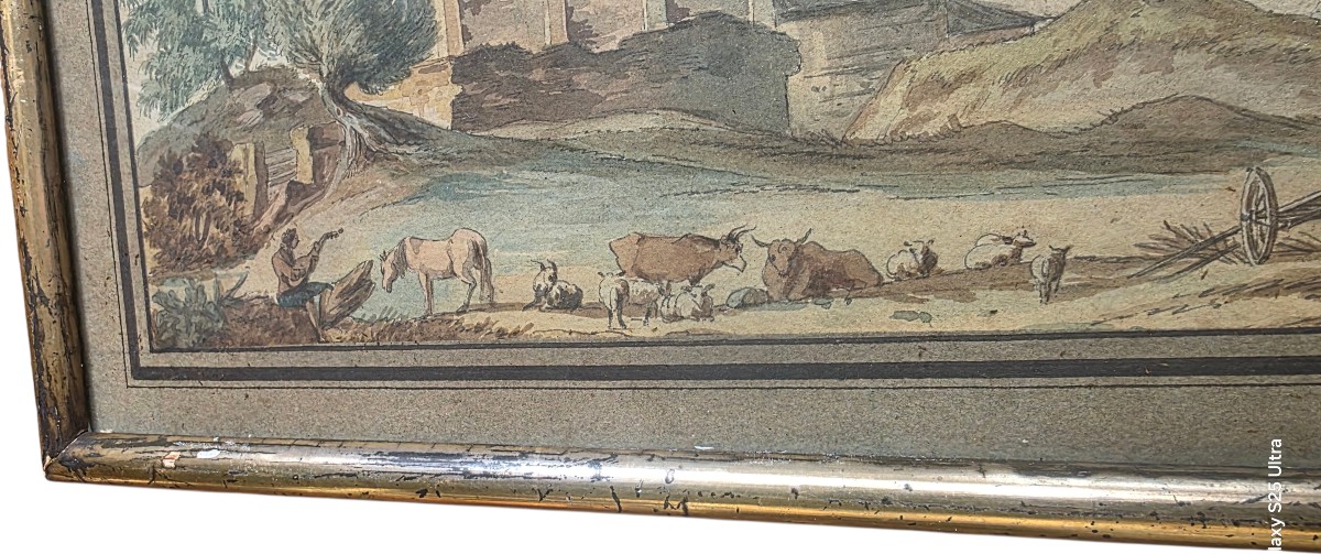 Angelo Uggeri Watercolor, Italian School, Temple, Figures, Animals -photo-4