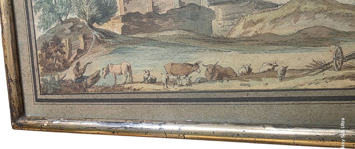 Angelo Uggeri Watercolor, Italian School, Temple, Figures, Animals -photo-3