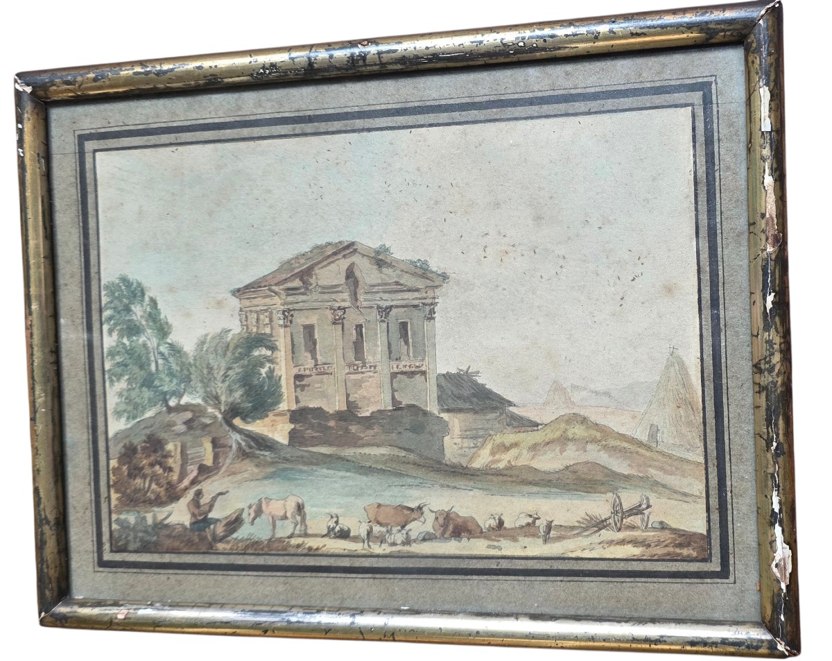 Angelo Uggeri Watercolor, Italian School, Temple, Figures, Animals 