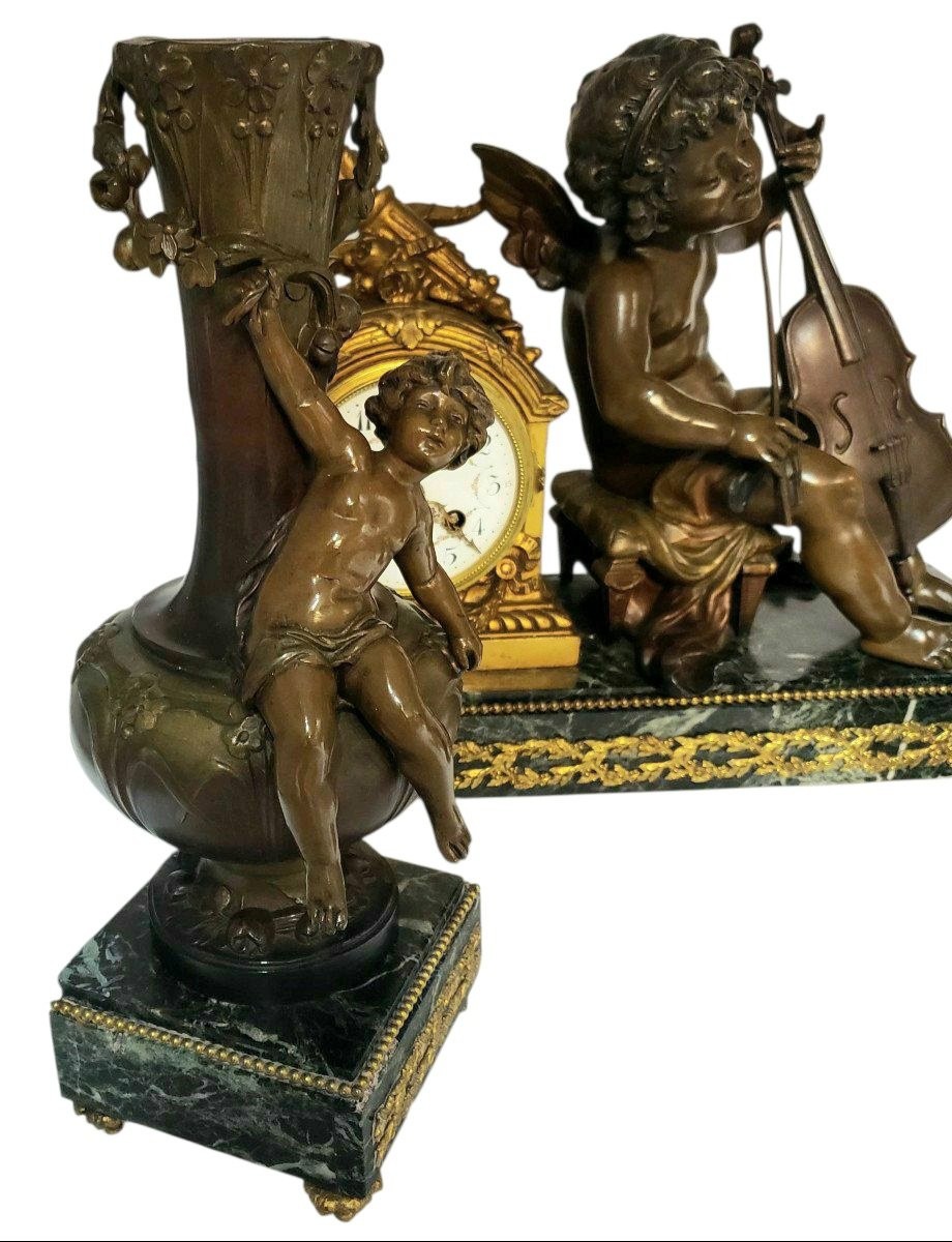 Moreau Patinated Bronze Mantelpiece Featuring A Cello Player-photo-2